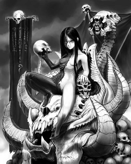 kometani hisanobu, original, black hair, fantasy, greyscale, long hair, monochrome, nude, skull, solo