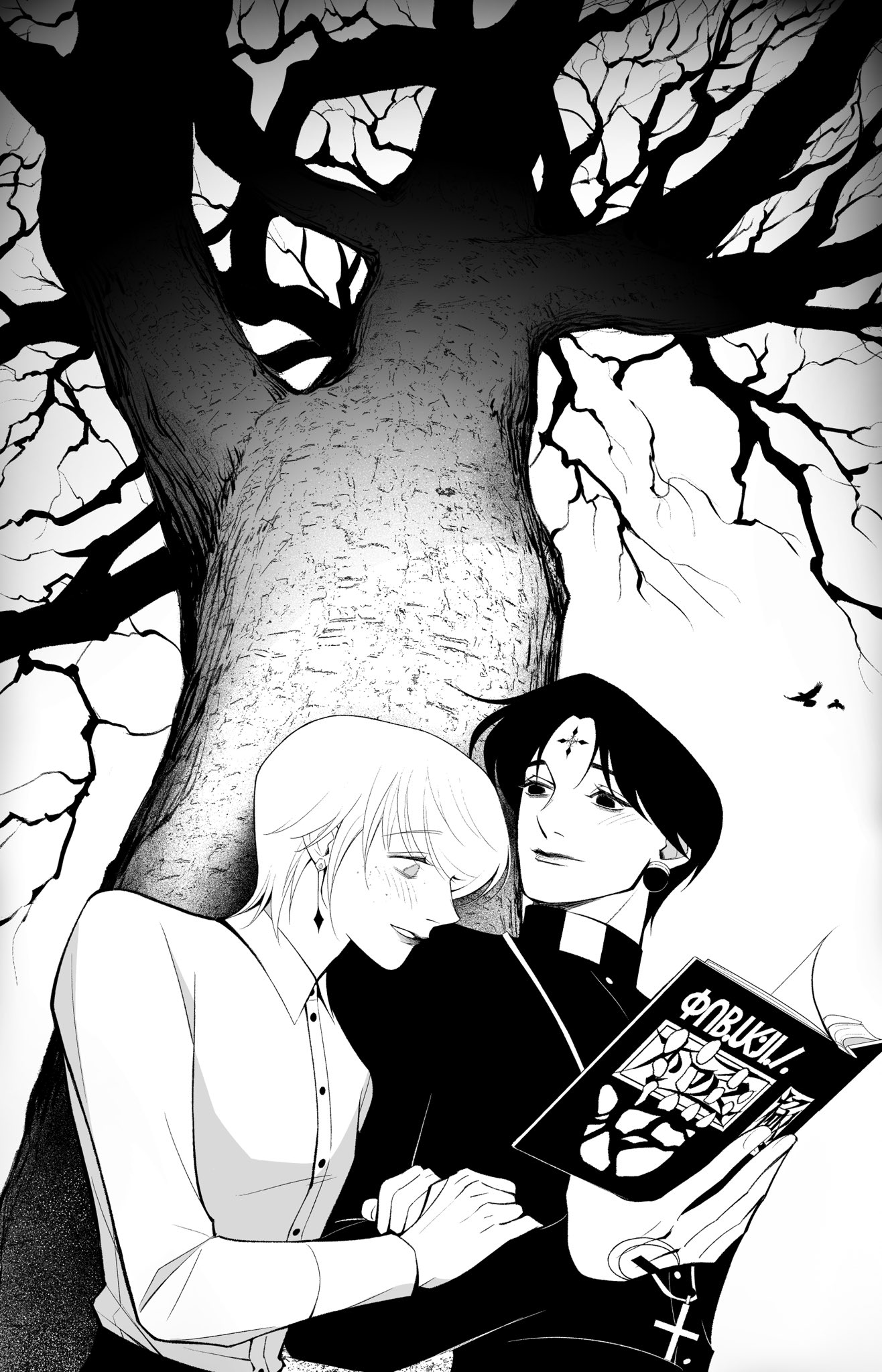 chrollo lucilfer, kurapika, hunter x hunter, highres, 2boys, 63roku63, alternate universe, androgynous, black hair, blush, clerical collar, closed mouth, cross tattoo, facial mark, forehead mark, forehead tattoo, greyscale, lips, male focus, monochrome, multiple boys, parted lips, priest, shirt, short hair, smile, tattoo, upper body