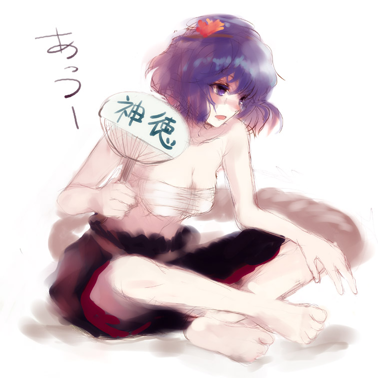 nokishita, yasaka kanako, touhou, 1girl, barefoot, breasts, feet, female focus, full body, hand fan, indian style, paper fan, rope, sarashi, shimenawa, sitting, sketch, solo, uchiwa, white background