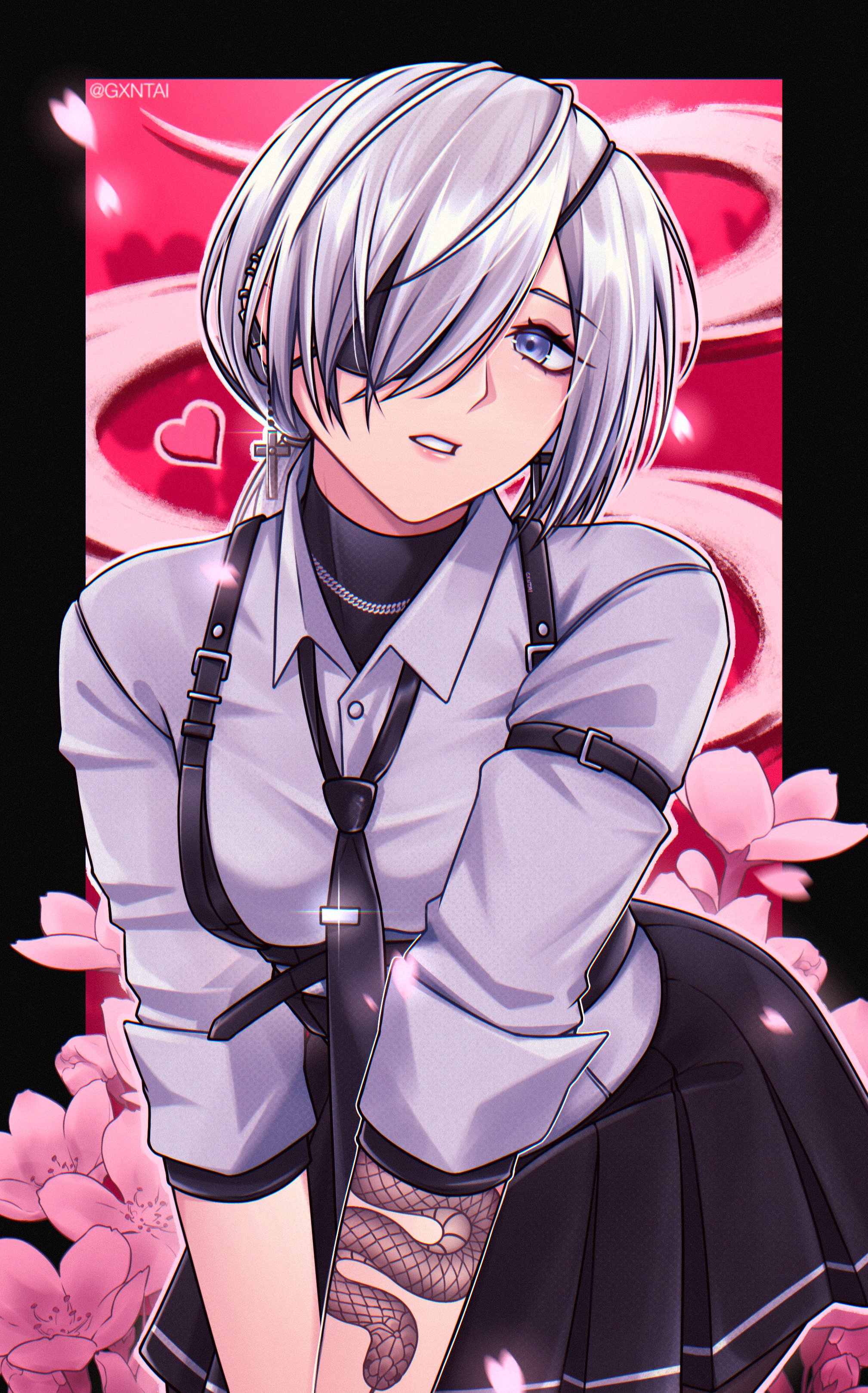 gantai- (gxntai), quanxi (chainsaw man), chainsaw man, absurdres, highres, 1girl, arm belt, arm tattoo, black necktie, black skirt, breasts, chest belt, collared shirt, cowboy shot, cross, cross earrings, ear piercing, earrings, eyepatch, formal clothes, grey eyes, grey hair, jewelry, long hair, looking at viewer, medium breasts, miniskirt, necktie, pants, parted lips, piercing, ponytail, shirt, skirt, sleeves rolled up, solo, suit, tattoo, tie clip