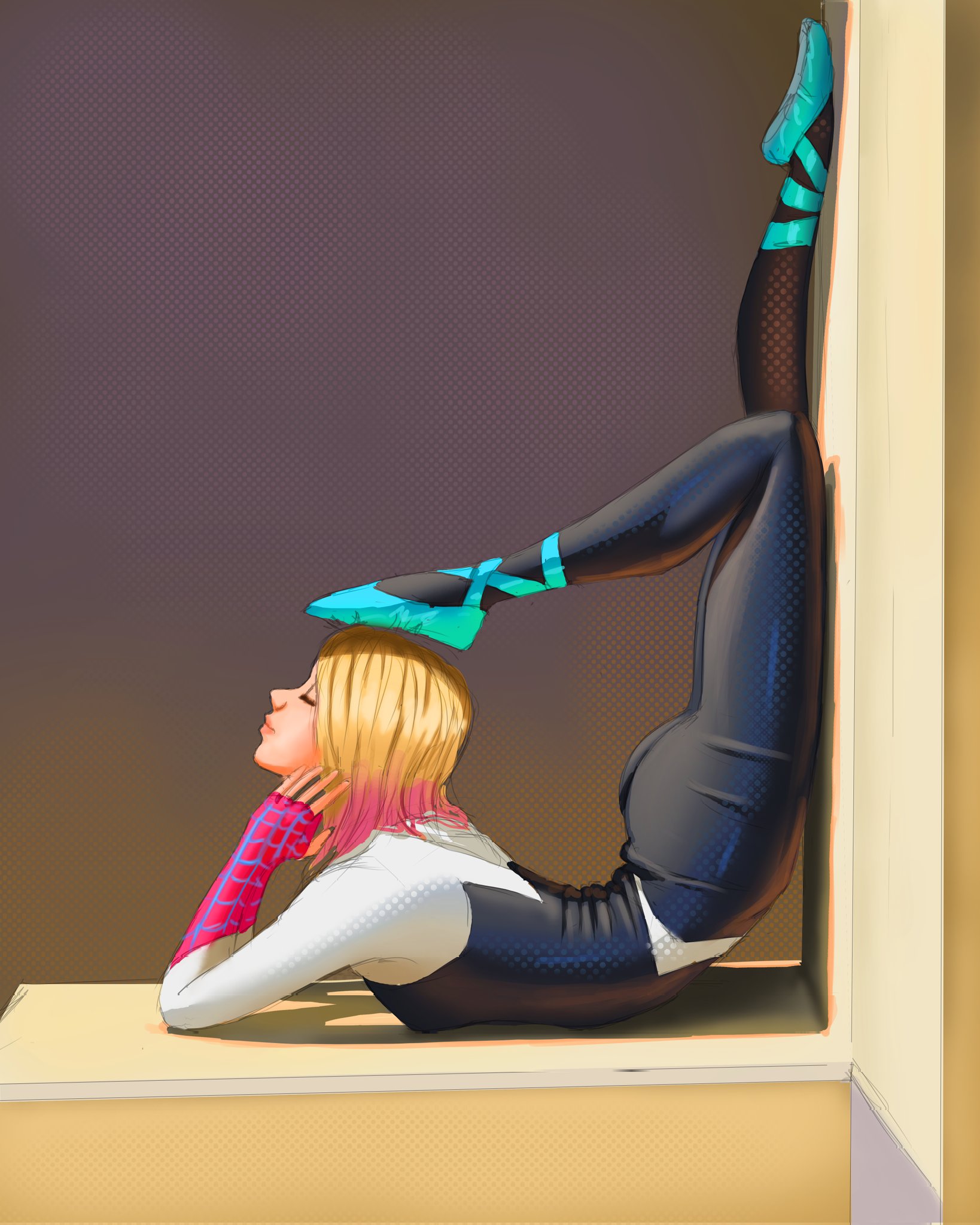 josival, gwen stacy, spider-gwen, marvel, spider-man (series), highres, 1girl, ass, blonde hair, breasts, closed eyes, elbow rest, flexible, from side, gradient hair, indoors, lying, medium hair, multicolored hair, on stomach, pink hair, skin tight, small breasts, solo, two-tone bodysuit, two-tone hair, yoga, yoga mat