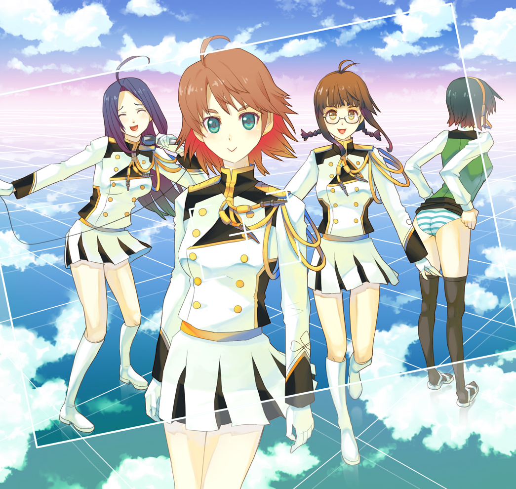 goe, akizuki ritsuko, hoshii miki, miura azusa, otonashi kotori, idolmaster, idolmaster (classic), bad id, bad pixiv id, 00s, 4girls, ahoge, antenna hair, aqua eyes, ass, band uniform, belt, black thighhighs, blue hair, boots, braid, brown hair, closed eyes, clothes lift, cloud, glasses, gradient hair, green hair, headset, knee boots, long hair, microphone, multicolored hair, multiple girls, panties, pleated skirt, sandals, short hair, skirt, skirt lift, sky, smile, striped clothes, striped panties, thighhighs, thighs, turtleneck, twin braids, underwear, vest, yellow eyes