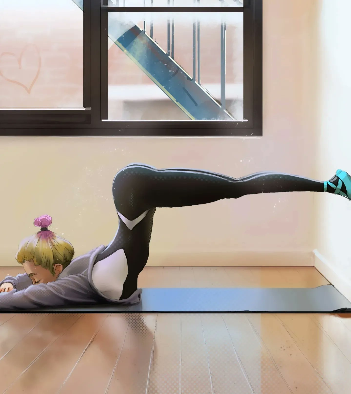 josival, gwen stacy, spider-gwen, marvel, spider-man (series), highres, 1girl, arm rest, ass, blonde hair, breasts, closed eyes, day, flexible, from side, gradient hair, grey sweater, hair bun, heart, indoors, multicolored hair, outstretched legs, pink hair, skin tight, small breasts, solo, stairs, sweater, two-tone bodysuit, two-tone hair, window, wooden floor, yoga, yoga mat
