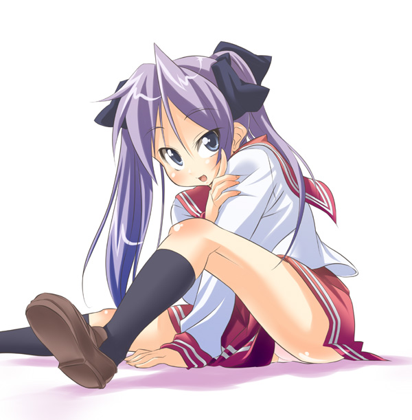 hiro kazuki, hiiragi kagami, lucky star, 00s, 1girl, blue eyes, female focus, kneehighs, open mouth, panties, pantyshot, purple hair, ryouou school uniform, school uniform, serafuku, shoes, socks, solo, underwear