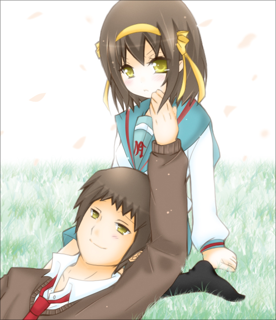 kyon, suzumiya haruhi, suzumiya haruhi no yuuutsu, 00s, 1boy, 1girl, black socks, blazer, brown hair, hairband, jacket, kneehighs, lap pillow, long sleeves, looking at viewer, necktie, no shoes, red necktie, sailor collar, school uniform, serafuku, shirt, short hair, sitting, socks, upper body, wariza, white shirt, yellow eyes