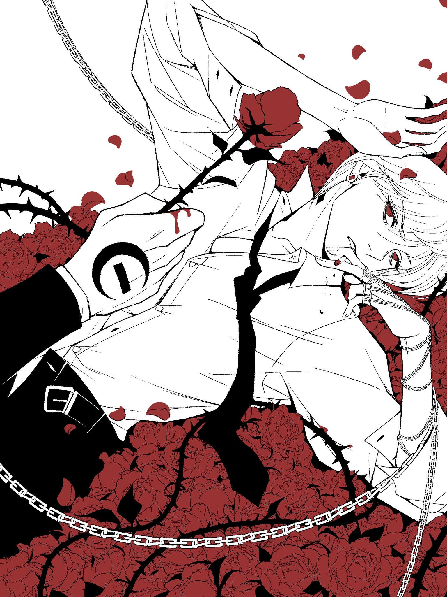 chrollo lucilfer, kurapika, hunter x hunter, highres, 2boys, 63roku63, androgynous, flower, hand chains, implied yaoi, jewelry, male focus, monochrome, multiple boys, parted lips, red flower, red rose, ring, rose, shirt, thorns, upper body