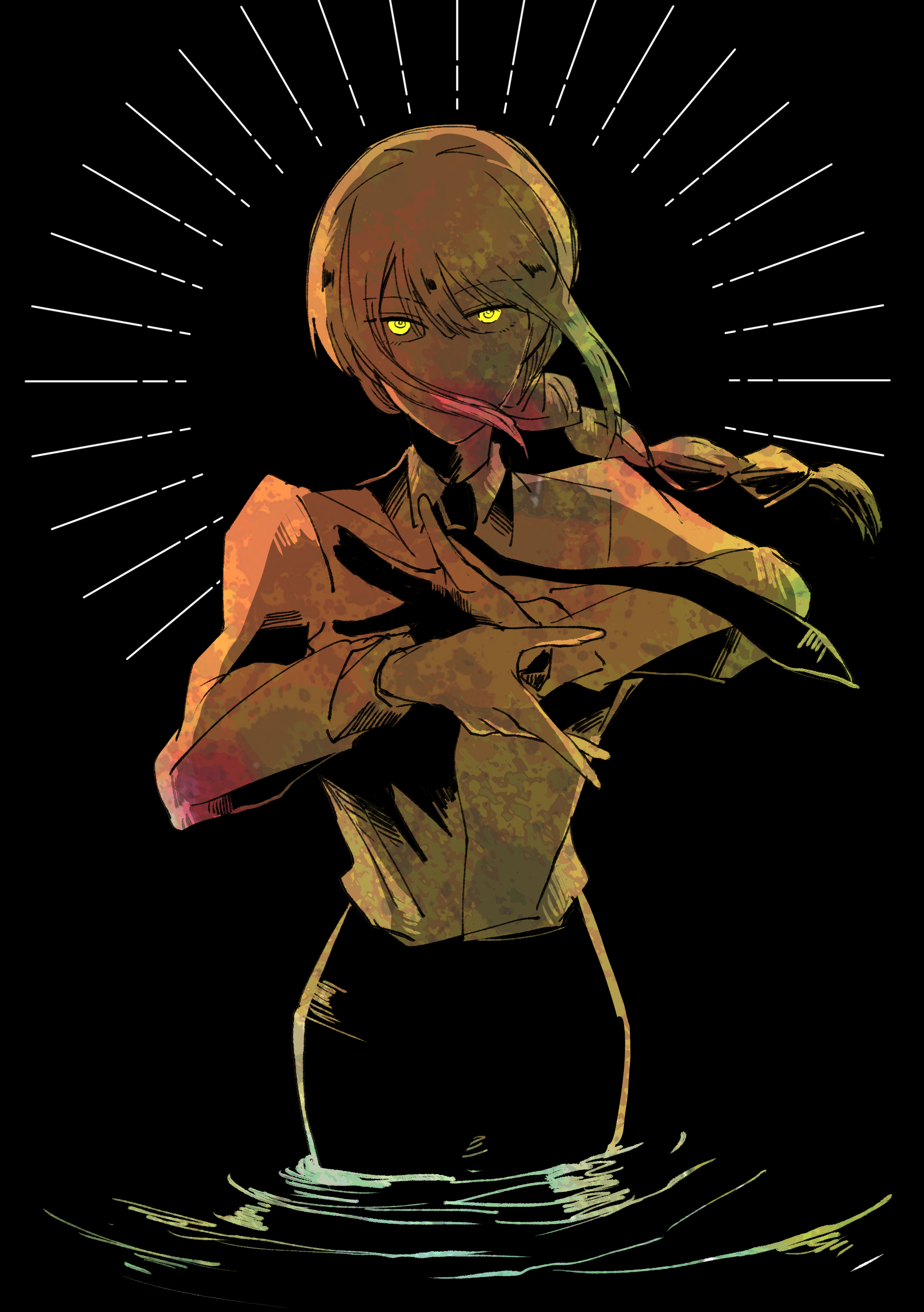 makima (chainsaw man), chainsaw man, absurdres, highres, 1girl, black background, braid, hair over mouth, long hair, long sleeves, looking at viewer, necktie, nemuridake, ripples, solo, wading, yellow eyes