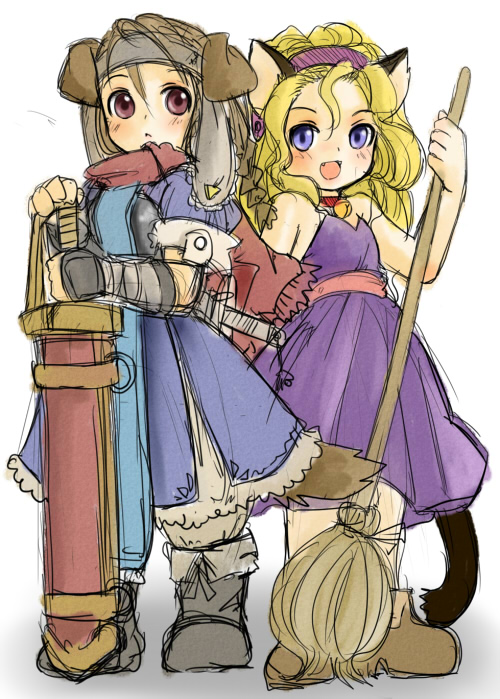 animal ears, blonde hair, blue eyes, broom, dog ears, fantasy, sketch