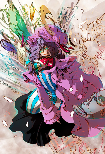 mura kuroe, patchouli knowledge, touhou, bad id, bad pixiv id, 1girl, crescent, dress, female focus, full body, green eyes, hat, looking at viewer, magic, mob cap, purple dress, purple hair, short hair, solo
