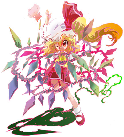 mura kuroe, flandre scarlet, touhou, bad id, bad pixiv id, lowres, 1girl, blonde hair, blouse, female focus, hair between eyes, hat, one eye closed, red shoes, shirt, shoes, socks, solo, white hat, white shirt, white socks, wings, wink