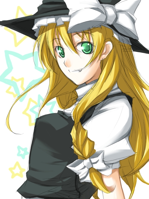 ribi, kirisame marisa, touhou, 1girl, blonde hair, bow, breasts, female focus, green eyes, hat, solo, upper body, white background