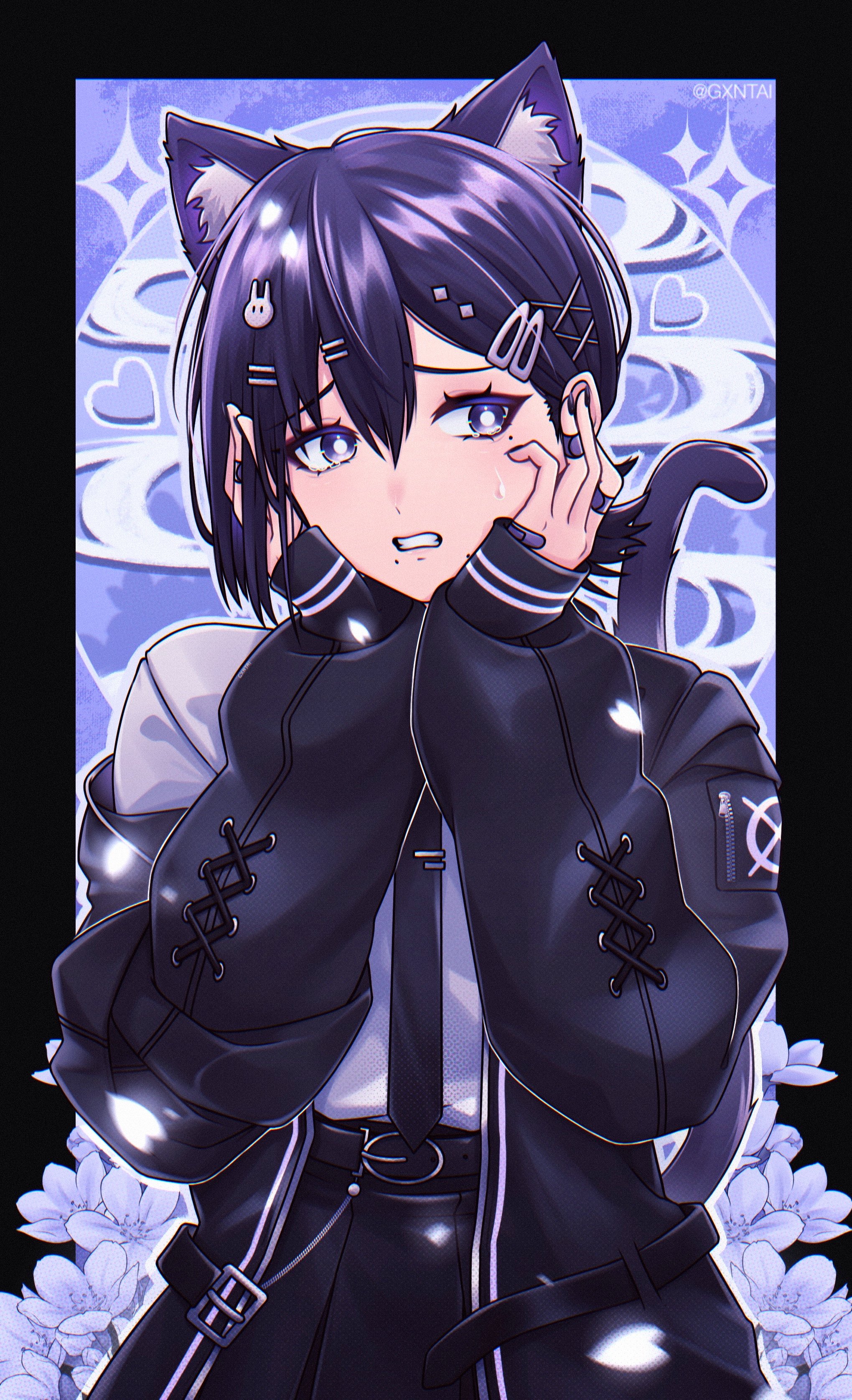gantai- (gxntai), higashiyama kobeni, chainsaw man, absurdres, highres, 1girl, animal ears, bandaid, bandaid on finger, black jacket, black nails, black necktie, black skirt, bright pupils, cat ears, cat girl, cat tail, clenched teeth, cowboy shot, crying, crying with eyes open, hair between eyes, hair ornament, hairclip, hand on own face, jacket, long sleeves, looking to the side, miniskirt, mole, mole under eye, mole under mouth, necktie, purple eyes, purple hair, shirt, short hair, skirt, solo, sweat, tail, tears, teeth, tie clip, white pupils, white shirt