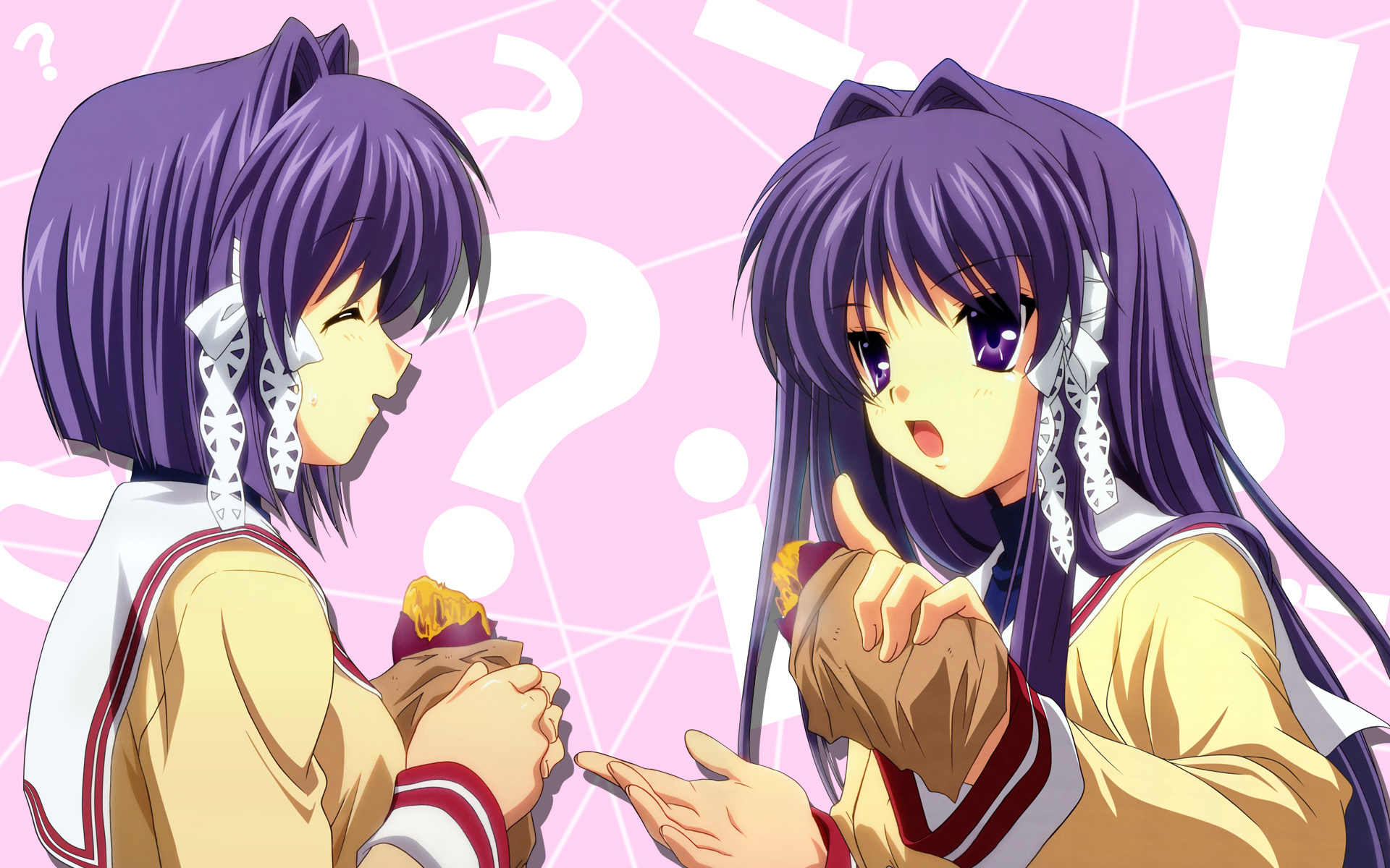 fujibayashi kyou, fujibayashi ryou, clannad, highres, 00s, 2girls, food, multiple girls, school uniform, serafuku, siblings, sisters, sweet potato, twins