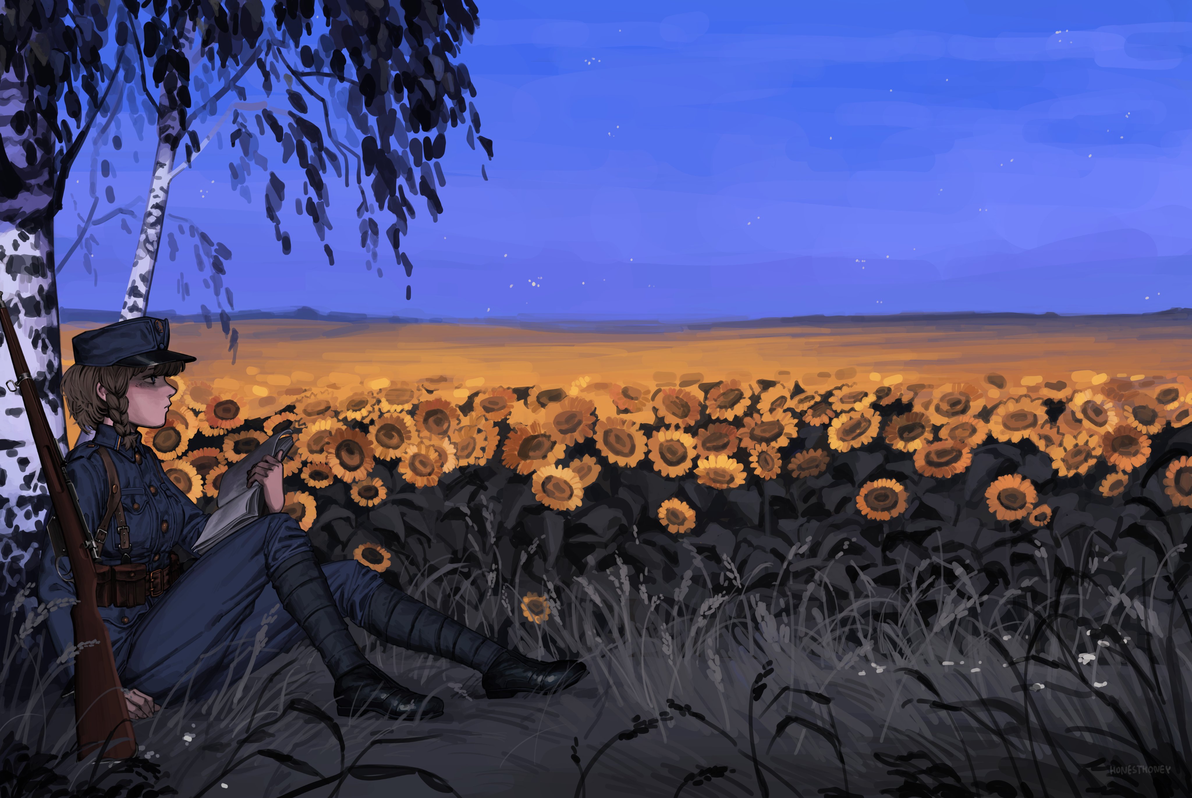 original, absurdres, commission, highres, 1girl, against tree, asymmetrical sidelocks, birch tree, blue sky, book, braid, braided sidelock, evening, field, flower, flower field, from side, full body, grass, h0nesth0ney, hat, holding, holding book, jacket, landscape, leaf, long sleeves, looking to the side, mannlicher m1895, military, military hat, military jacket, military uniform, myroslava bozhuk, nature, outdoors, peaked cap, reading, scenery, short hair, sidelocks, single braid, sky, soldier, solo, sunflower, sunflower field, tree, ukraine, ukrainian clothes, ukrainian sich riflemen, world war i