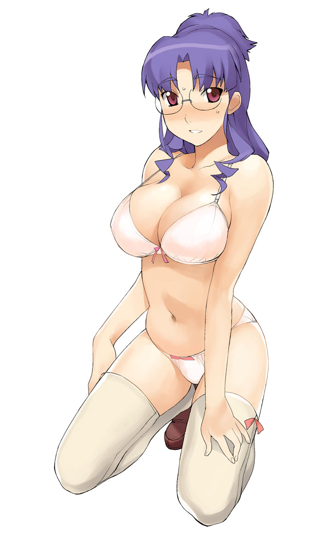 a1 (initial-g), matsuura nanase, macross, macross frontier, 00s, 1girl, blush, bow, bow bra, bow legwear, bow panties, bra, breasts, cleavage, female focus, glasses, huge breasts, kneeling, lingerie, navel, panties, ponytail, purple hair, red eyes, shoes, solo, thighhighs, underwear, underwear only, white bra, white panties, white thighhighs
