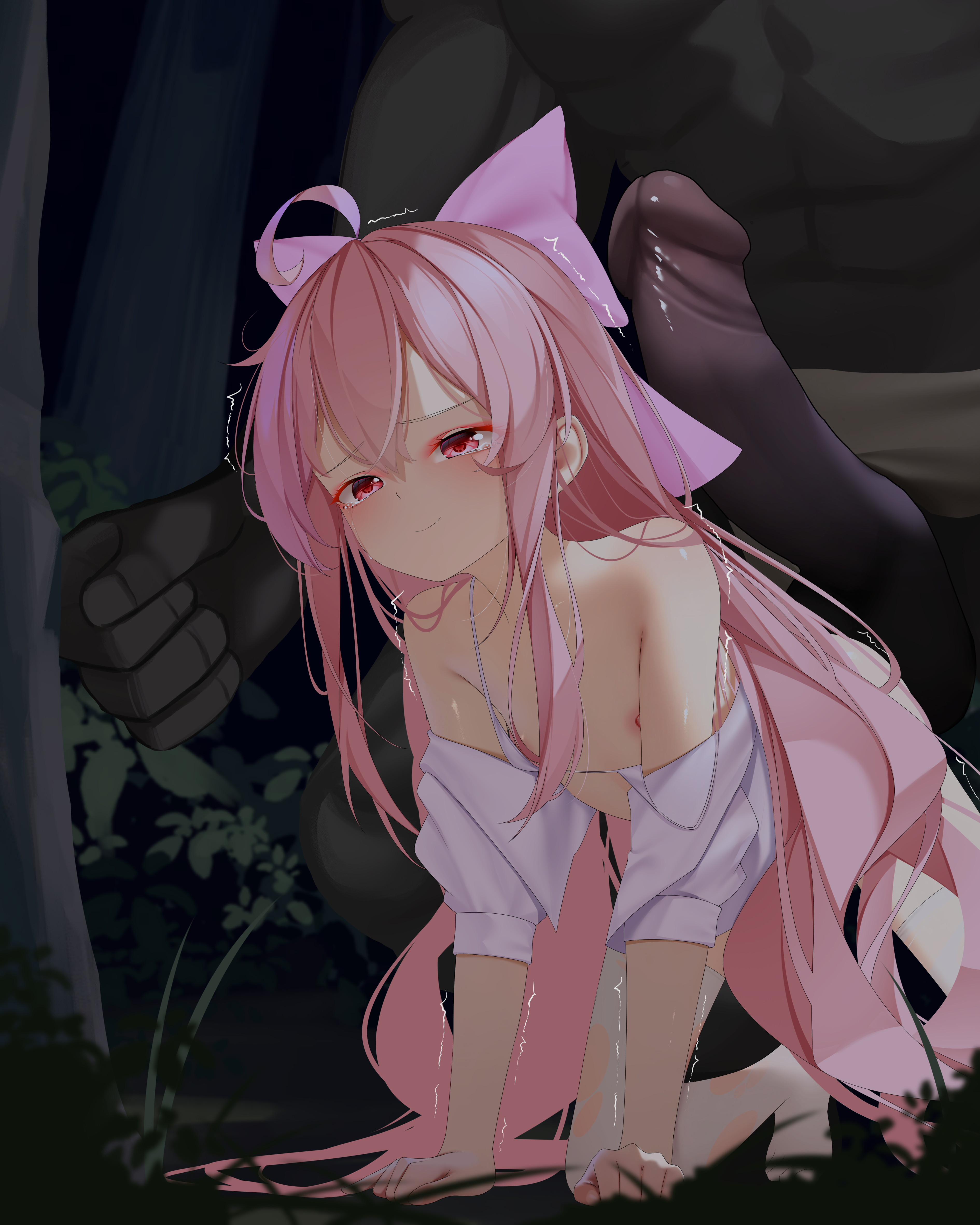 lingdu kejian zhu, dungeon and fighter, absurdres, commission, highres, 1boy, 1girl, all fours, bow, bra, false smile, flat chest, forest, hair bow, large penis, long hair, minotaur, nature, nervous sweating, off shoulder, open clothes, open shirt, penis, pink hair, red eyes, scared, shirt, size difference, smile, sweat, tears, thighhighs, torn clothes, torn thighhighs, tree, trembling, underwear, very long hair, white bra, white shirt, white thighhighs
