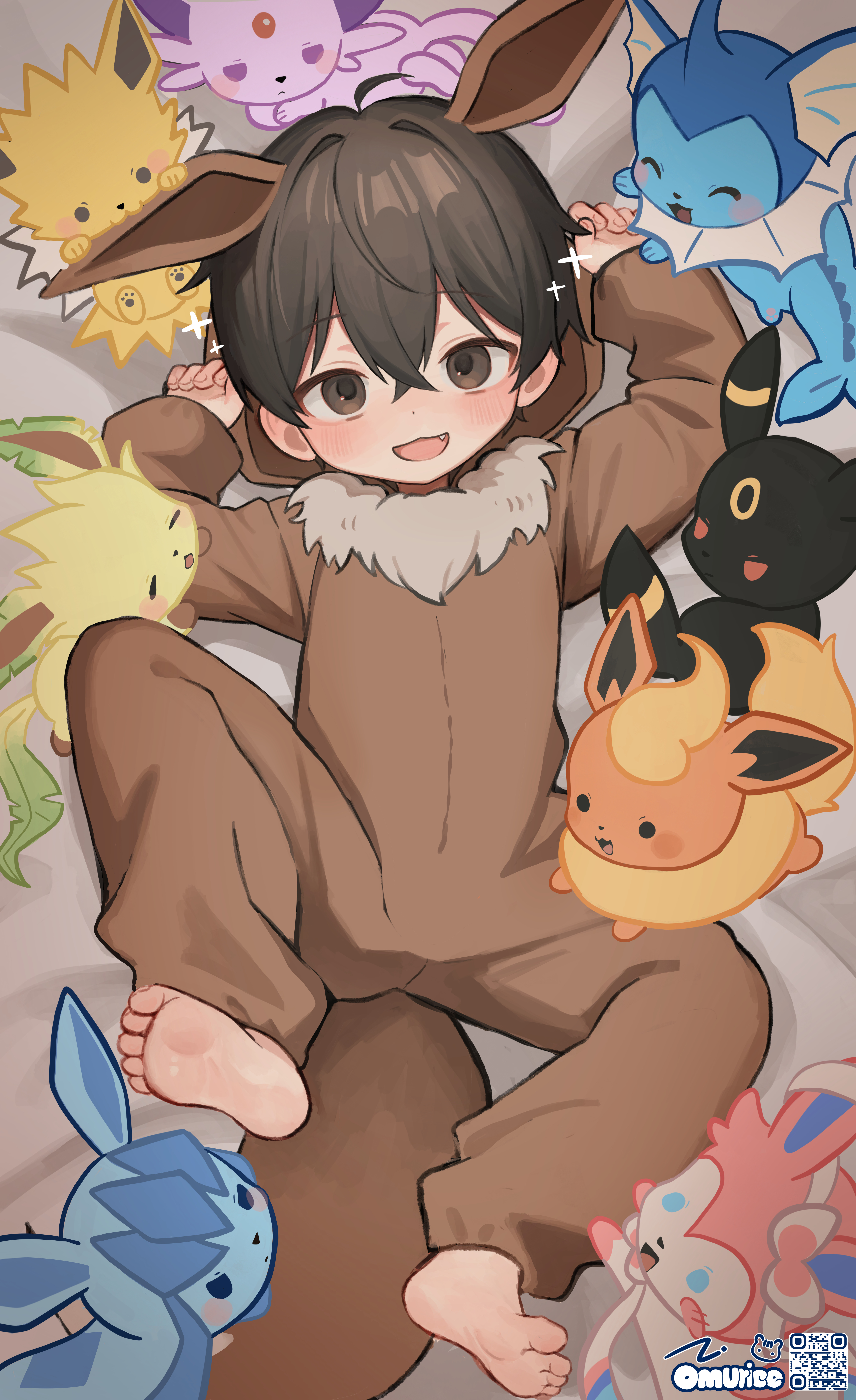 omurice (roza4957), eevee, espeon, flareon, glaceon, jolteon, leafeon, sylveon, umbreon, vaporeon, nintendo, original, pokemon, absurdres, character request, check character, commentary, highres, 1boy, animal costume, barefoot, black hair, brown eyes, cosplay, eevee (cosplay), fang, gen 1 pokemon, gen 2 pokemon, gen 4 pokemon, gen 6 pokemon, long sleeves, lying, male focus, on back, open mouth, pokemon (creature), short hair, soles, toes