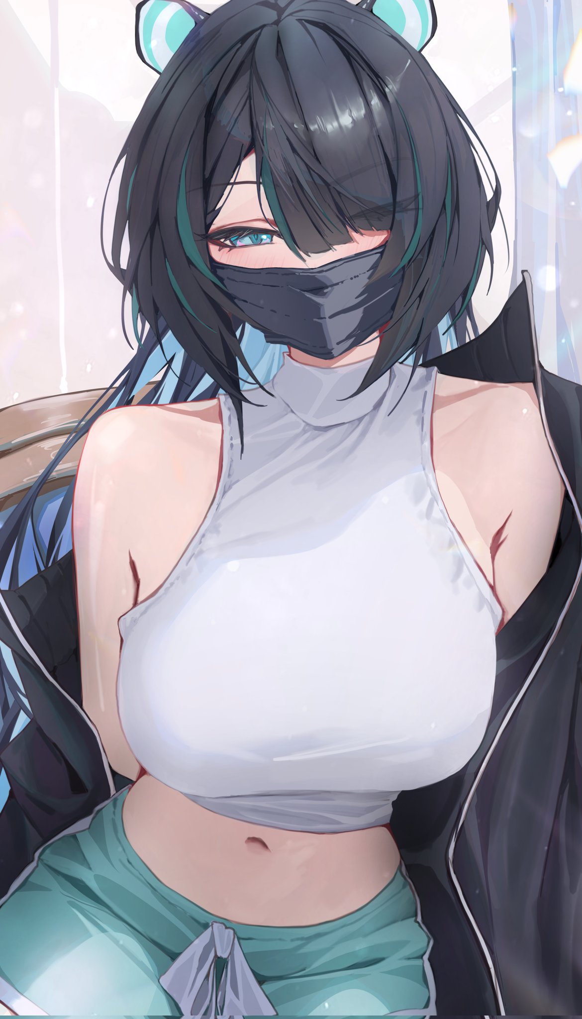 yoellim5, erina makina, phase connect, corrupted twitter file, highres, second-party source, 1girl, animal ears, aqua hair, black hair, black jacket, black mask, blue eyes, breasts, green shorts, hair over one eye, jacket, large breasts, mask, midriff, mouth mask, multicolored hair, navel, shirt, shorts, sleeveless, sleeveless shirt, solo, streaked hair, tiger ears, tiger girl, virtual youtuber, white shirt