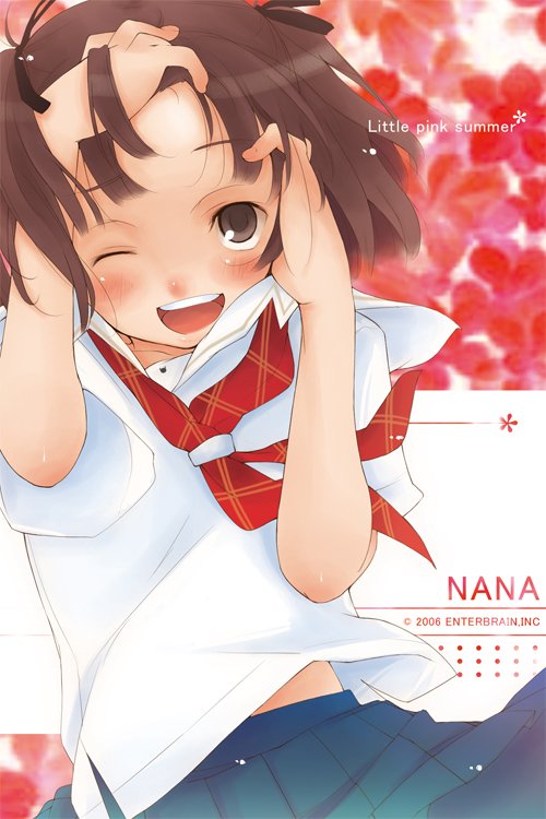 madam s, aihara nana, kimi kiss, blush, brown eyes, brown hair, happy, one eye closed, ruffling hair, school uniform, serafuku, short hair, solo, wink