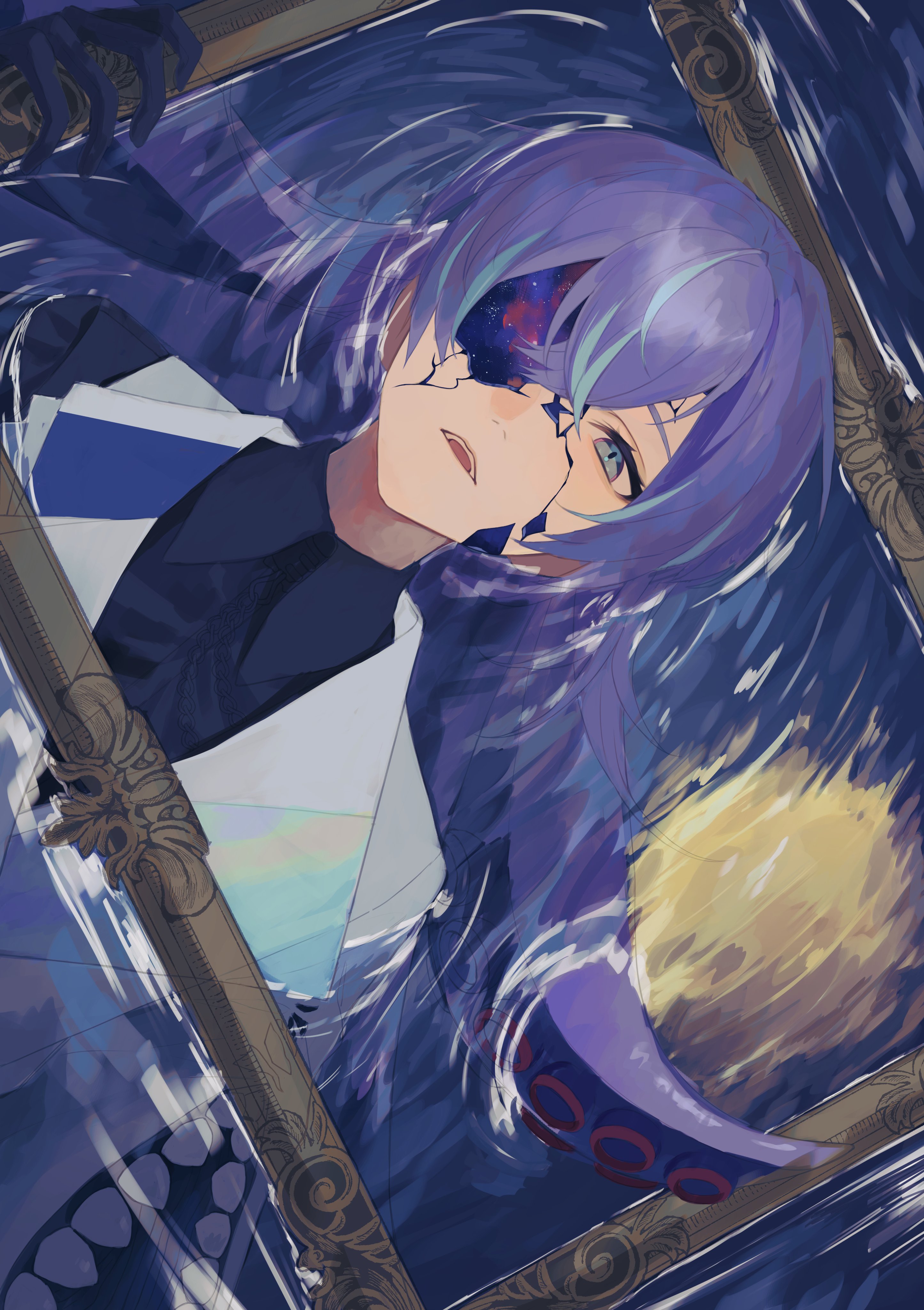 333takoyaki, hoshirube sho, hoshirube sho (1st costume), nijisanji, absurdres, highres, 1boy, black gloves, black shirt, blue eyes, blue hair, collared shirt, cracked skin, gloves, hair over one eye, holding, hollow body, jacket, long hair, looking at viewer, male focus, multicolored hair, open mouth, partially submerged, picture frame, purple hair, shirt, solo, streaked hair, tentacle hair, tentacles, two-tone hair, virtual youtuber, white jacket
