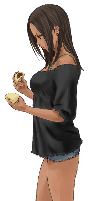 axe metal, bad id, bad pixiv id, 1girl, black hair, brown eyes, cutoffs, dark-skinned female, dark skin, denim, denim shorts, female focus, food, long hair, short shorts, shorts, simple background, solo, white background