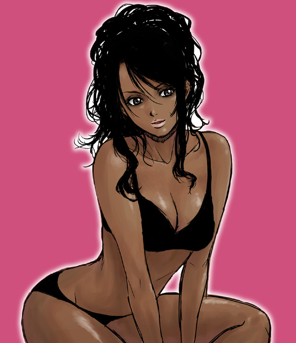 axe metal, bad id, bad pixiv id, 1girl, black bra, black hair, black panties, bra, breasts, brown eyes, cleavage, dark-skinned female, dark skin, female focus, leaning forward, lingerie, long hair, panties, pink background, simple background, sitting, solo, underwear, underwear only