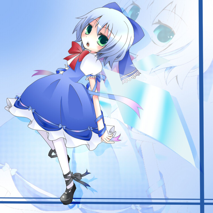 kirisame1224, cirno, embodiment of scarlet devil, touhou, bad id, bad pixiv id, 1girl, black shoes, blue hair, bow, female focus, gradient ribbon, pantyhose, ribbon, shoes, solo, wings