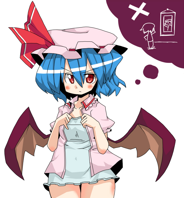 nemui (artist), nemui (nemui), remilia scarlet, touhou, bad id, bad pixiv id, 1girl, blue hair, blush, female focus, hat, looking at viewer, ribbon, simple background, solo, white background, wings