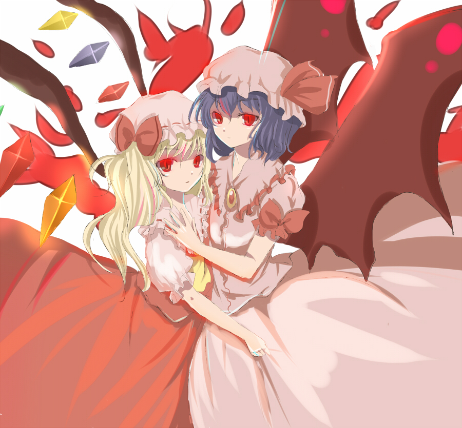 tetsuo (tashirosu), flandre scarlet, remilia scarlet, touhou, bad id, bad pixiv id, 2girls, blonde hair, blue hair, female focus, hat, mob cap, multiple girls, red eyes, ribbon, siblings, simple background, sisters, skirt, white background, wings