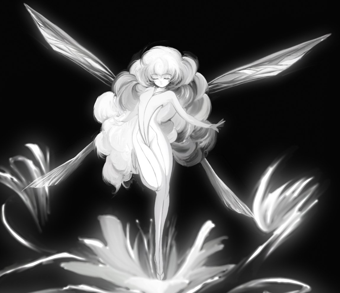 shiba (pixiv244), cham fau, seisenshi dunbine, 1980s (style), closed eyes, fairy, greyscale, long hair, mini person, minigirl, monochrome, oldschool, retro artstyle, solo, wings