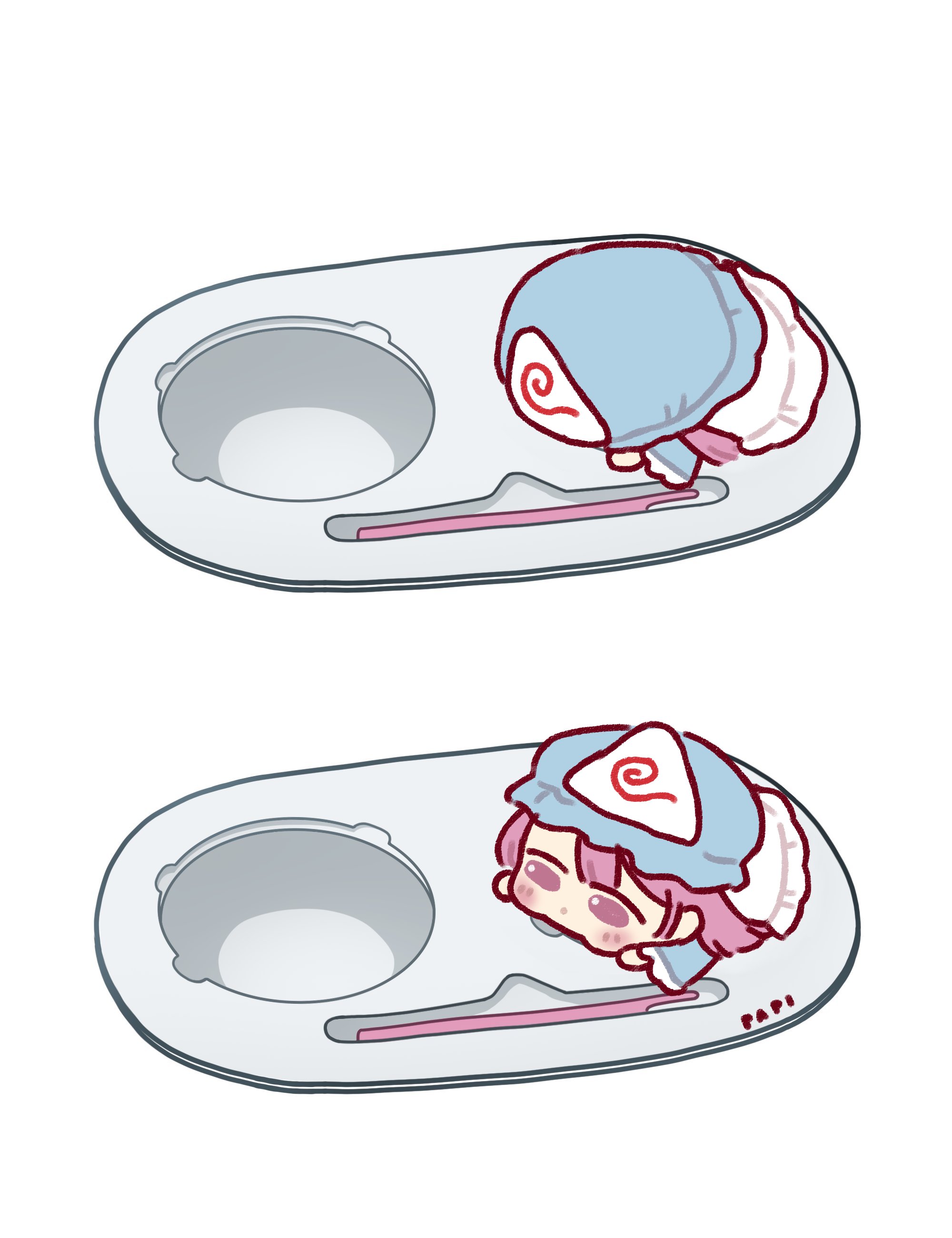 papi apricot, saigyouji yuyuko, touhou, absurdres, highres, 1girl, aqua hat, chibi, chibi only, chopsticks, hat, lying, meme, mob cap, pink eyes, pink hair, solo, triangular headpiece, yukimi daifuku (uzru0428)