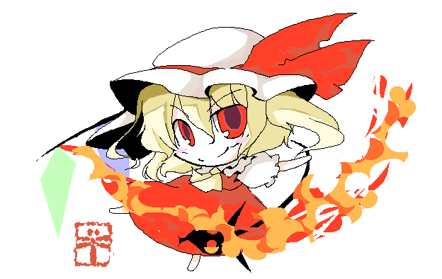 take tonbo, flandre scarlet, touhou, 1girl, blouse, chibi, female focus, full body, hat, mob cap, oekaki, shirt, simple background, solo, white background, white hat, white shirt