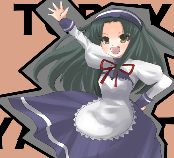 toda ayu, tsuruya, suzumiya haruhi no yuuutsu, 00s, 1girl, :d, apron, blue dress, blush, dress, female focus, green eyes, green hair, hand on own hip, long sleeves, looking at viewer, looking back, matching hair/eyes, open mouth, smile, solo, spread fingers, waving