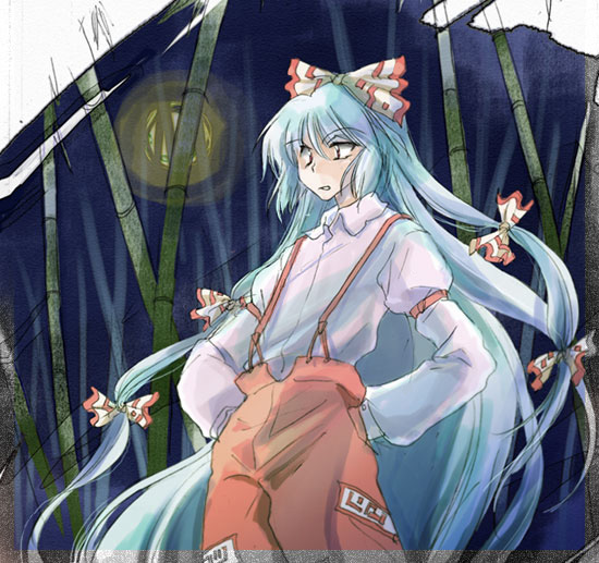 araimun, fujiwara no mokou, touhou, 1girl, female focus, hands in pockets, long hair, ribbon, solo, uneven eyes