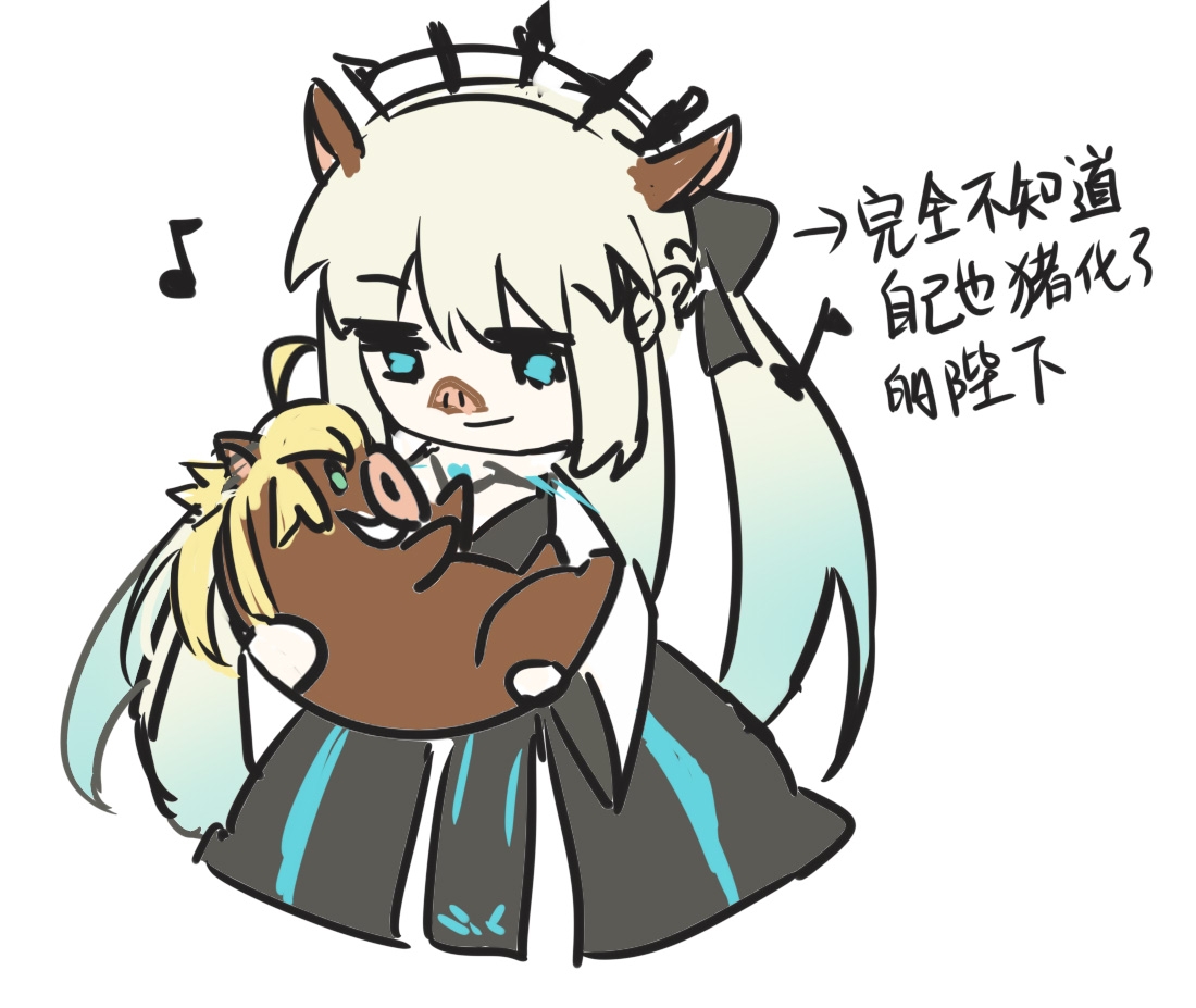 artoria caster (fate), artoria pendragon (fate), morgan le fay (fate), morgan le fay (third ascension) (fate), fate/grand order, fate (series), 2girls, alizi795, black bow, black dress, blonde hair, blue eyes, boar, bow, dress, hair between eyes, hair bow, long hair, multiple girls, ponytail, simple background, smile, two-tone dress, very long hair, white background, white hair
