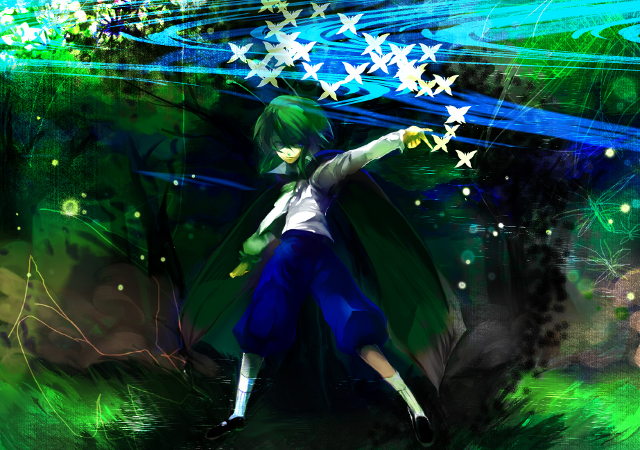 toriko (hatoriko), wriggle nightbug, touhou, bad id, bad pixiv id, 1girl, androgynous, antennae, bug, butterfly, cape, female focus, green hair, reverse trap, solo