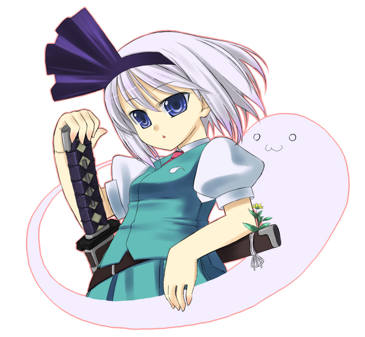 tiha, konpaku youmu, konpaku youmu (ghost), touhou, silver hair, bad id, bad pixiv id, 1girl, :3, blue eyes, female focus, ghost, hairband, hitodama, katana, ribbon, school uniform, serafuku, solo, sword, weapon