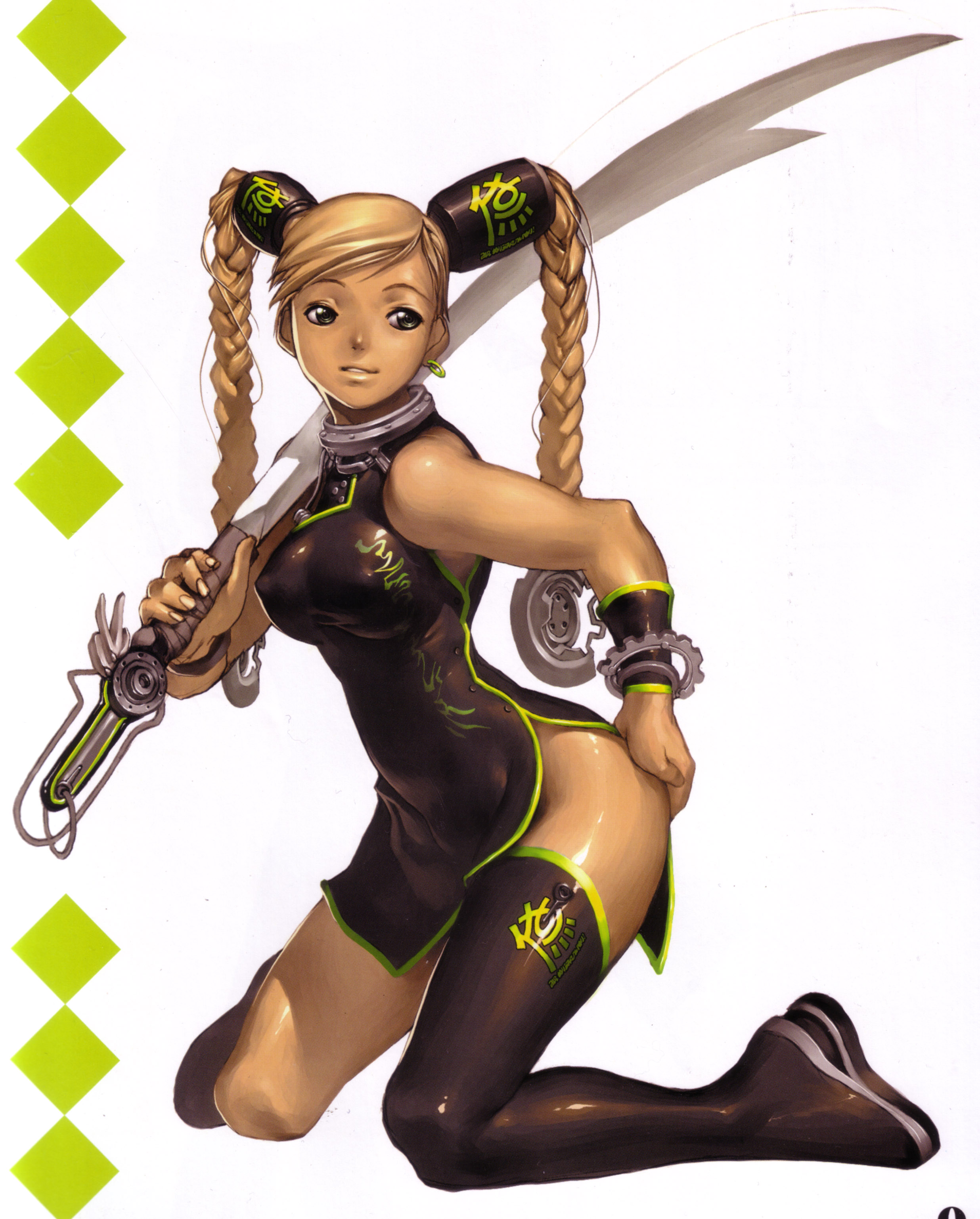 kim hyung tae, black legwear, absurdres, highres, asymmetrical clothes, bare shoulders, boots, bracelet, braid, china dress, chinese clothes, earrings, gears, green eyes, hair ornament, jewelry, kneeling, legs, single earring, single thighhigh, solo, thigh boots, thighhighs, twin braids, twintails, weapon