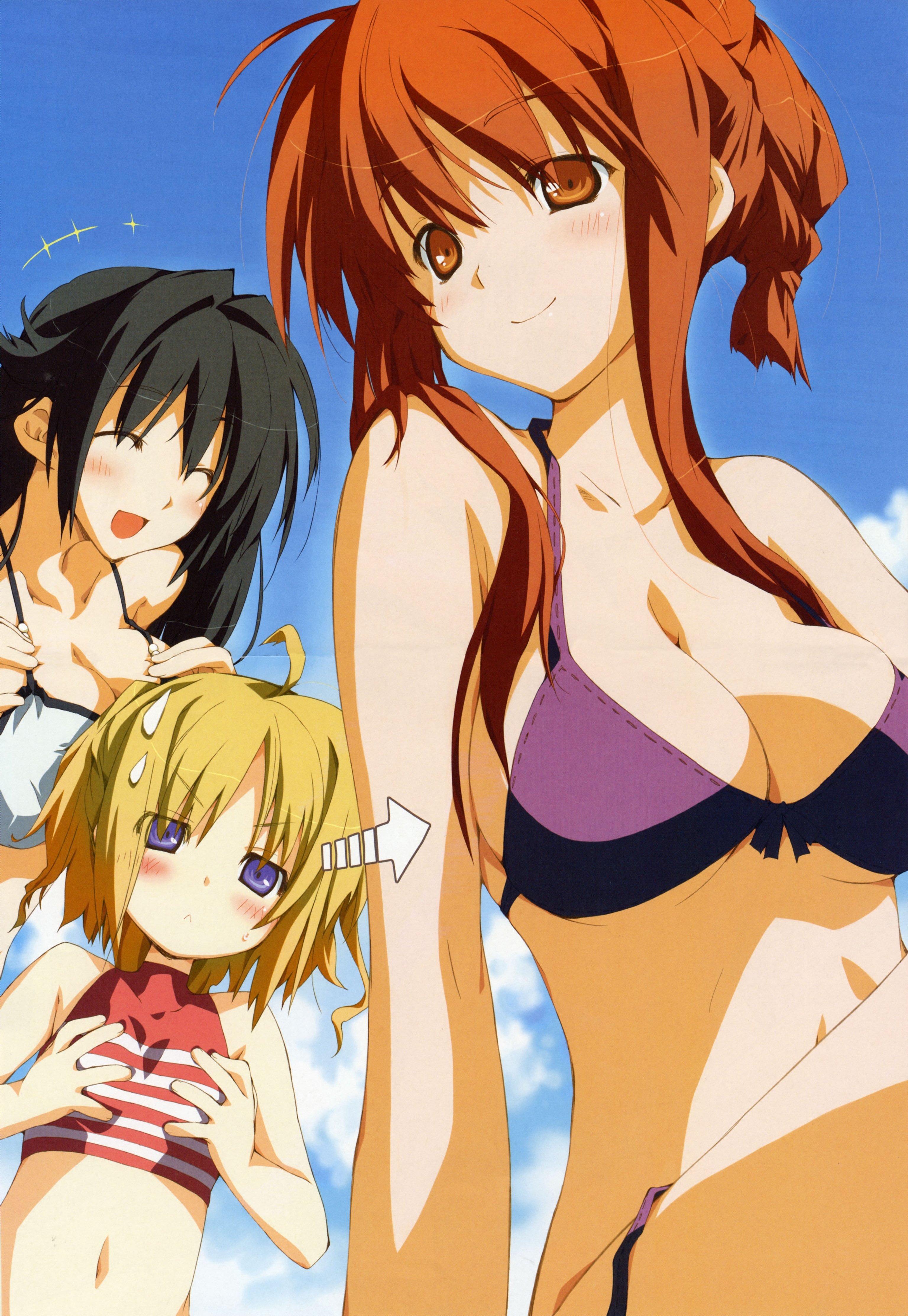 kokonoka, kitanoji nozomi, minahase karin hortensia, sakura mao, happy margaret, happy margaret!, absurdres, highres, 3girls, :<, bikini, black hair, blonde hair, blue eyes, breast envy, breasts, brown eyes, brown hair, cleavage, flat chest, large breasts, looking at breasts, multiple girls, sweatdrop, swimsuit