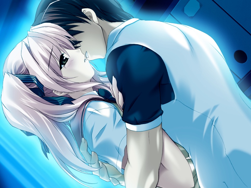 onigirikun, shihoudou narika, choukou (alicesoft), choukou sennin haruka, game cg, 00s, 1boy, 1girl, blue theme, blush, couple, glowing, hetero, hug, kiss, pink hair, school uniform, serafuku, twintails