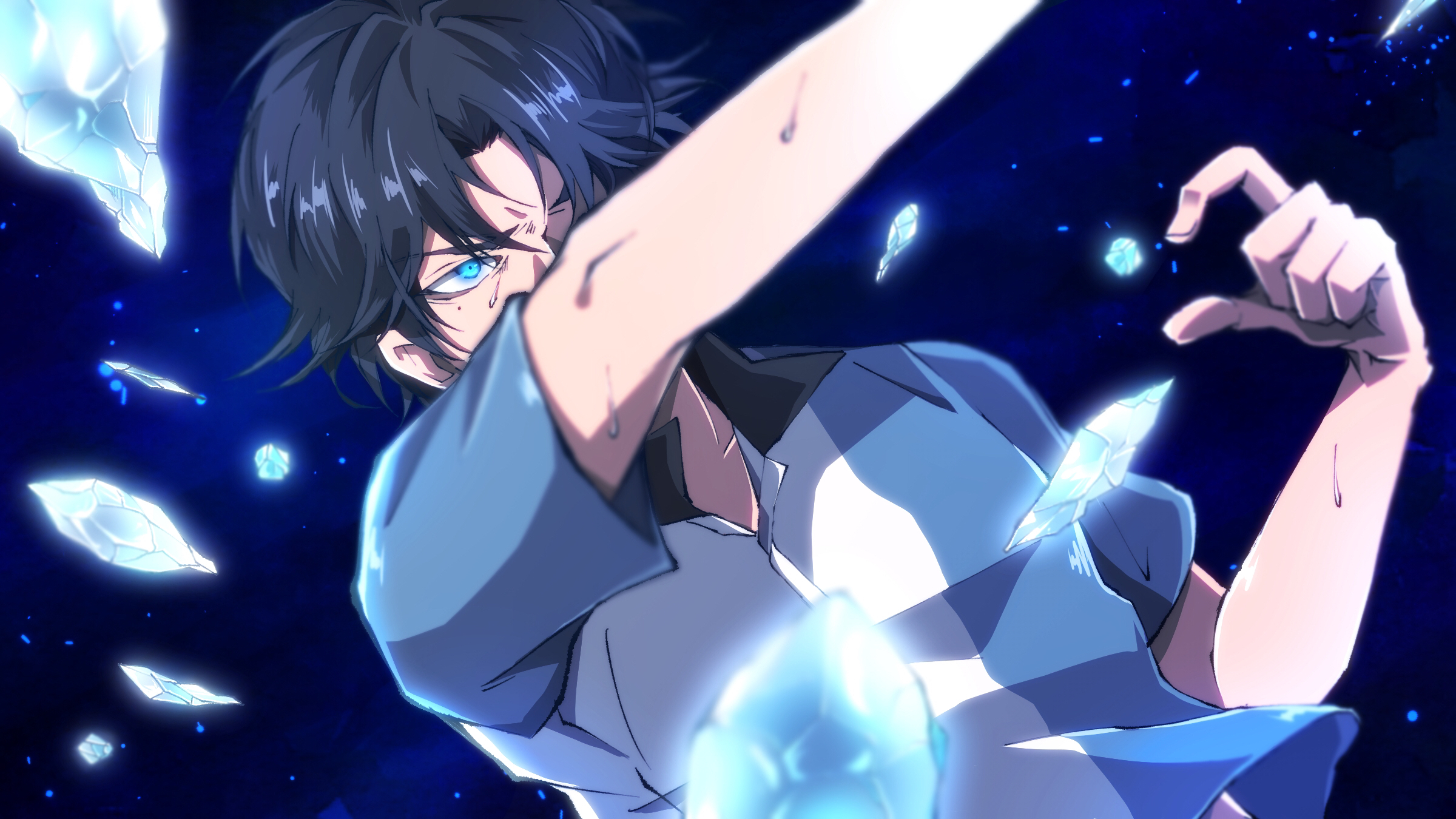 atobe keigo, tennis no ouji-sama, commentary request, highres, 1boy, black hair, blue background, blue eyes, looking ahead, male focus, midriff peek, nemuridake, one eye covered, outstretched arm, shards, short hair, short sleeves, solo, sweat