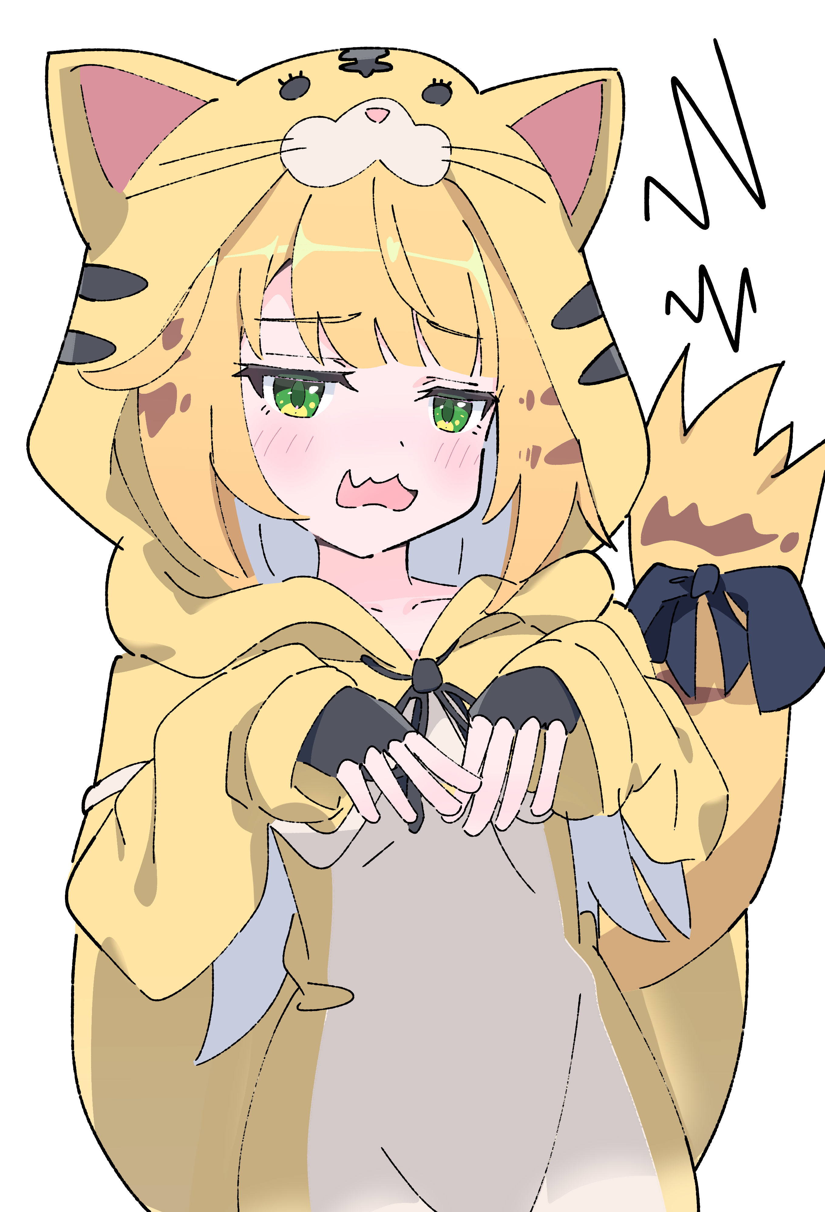 hutsugyou, ju fufu, zenless zone zero, absurdres, highres, 1girl, animal ear fluff, animal ears, black ribbon, blonde hair, blush, bow, cat, costume, fang, fingerless gloves, gloves, green eyes, open mouth, orange fur, ribbon, solo, striped fur, striped hair, tail, tail bow, tail ornament, tiger ears, tiger girl, tiger stripes, tiger tail, whiskers, white background