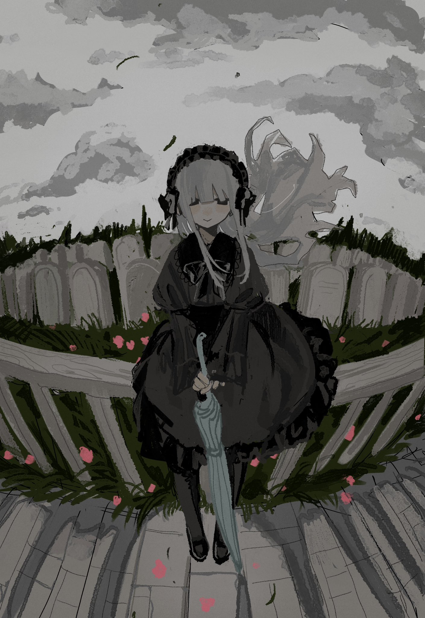 original, highres, 1girl, against fence, black dress, black eyes, black hat, black shoes, cloud, cloudy sky, dress, fence, fisheye, gothic lolita, grass, graveyard, hairband, hat, holding, holding umbrella, juliet sleeves, lolita fashion, lolita hairband, long hair, long sleeves, looking at viewer, puffy sleeves, shoes, sky, smile, solo, standing, umbrella, white hair, wind, yowai namekuji