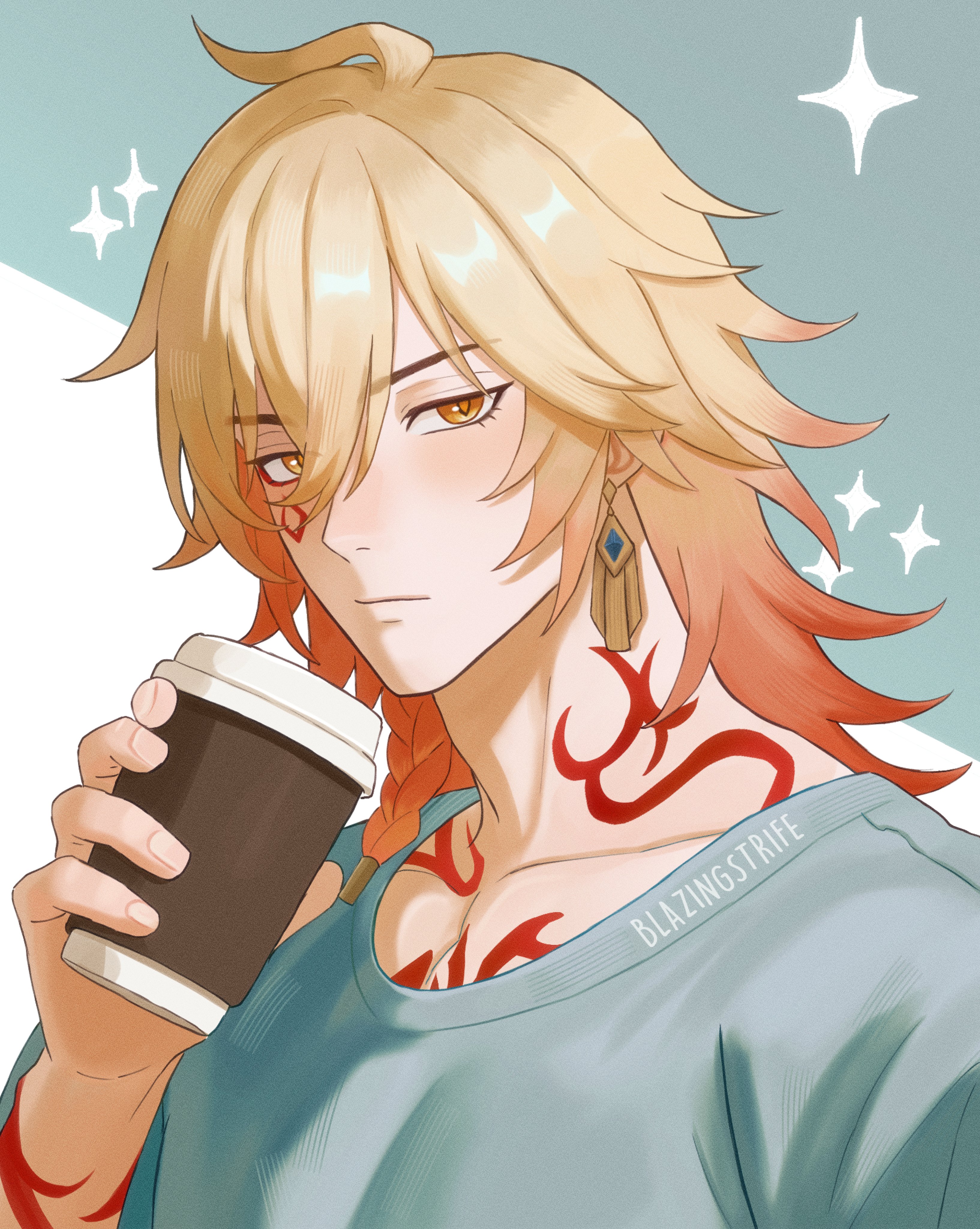 mydei (honkai: star rail), honkai: star rail, honkai (series), absurdres, commentary, english commentary, highres, 1boy, ahoge, arm tattoo, artist name, blazingstrife, blonde hair, blush, chest tattoo, cup, disposable coffee cup, disposable cup, earrings, facial tattoo, gold earrings, gradient hair, grey shirt, holding, holding cup, jewelry, looking at viewer, male focus, medium hair, multicolored hair, red hair, shirt, solo, tattoo, upper body, yellow eyes