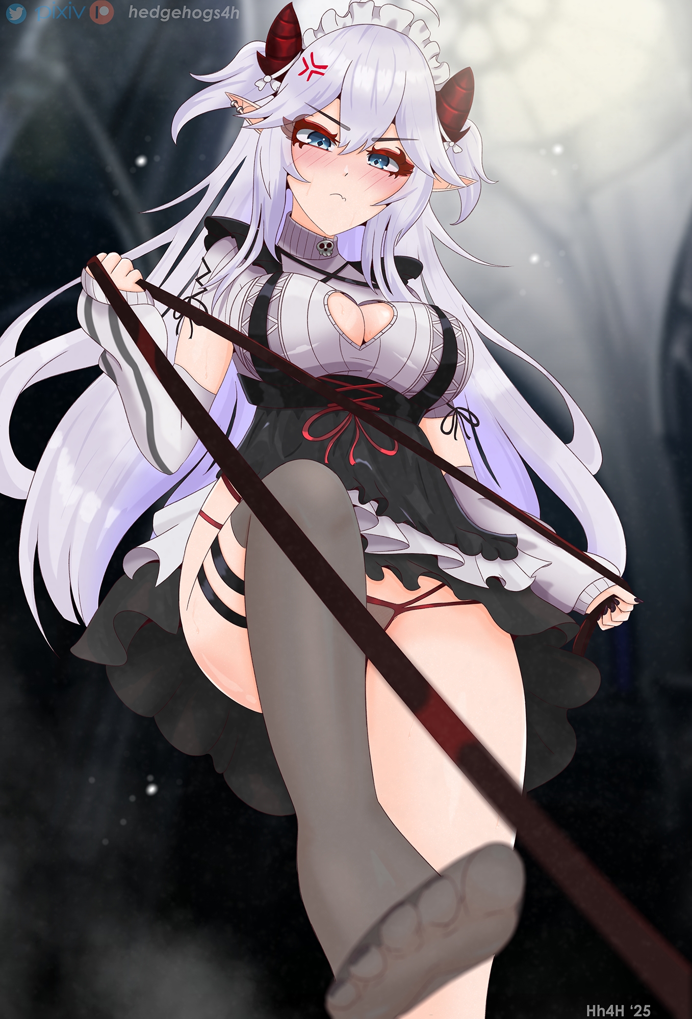 hedgehogs4hent1, vei (vtuber), indie virtual youtuber, highres, 1girl, anger vein, artist name, black dress, black nails, blue eyes, blush, breasts, cleavage, cleavage cutout, closed mouth, clothing cutout, dress, feet, heart cutout, holding, holding leash, horns, leash, long hair, maid headdress, patreon username, pinafore dress, pointy ears, red horns, skull ornament, sleeveless, sleeveless dress, sleeves past wrists, solo, thigh strap, thighhighs, toes, virtual youtuber, white hair