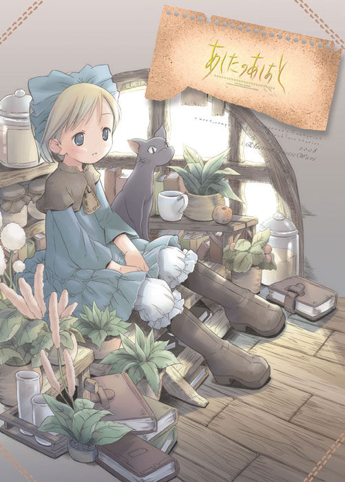 pop, original, looking away, 1girl, between legs, black boots, black cat, blonde hair, bloomers, blue dress, blue eyes, book, book stack, boots, capelet, cat, cattail, cup, dandelion, dotted line, dress, female focus, flower, food, fruit, grass, hair ornament, hand between legs, jar, mug, plant, potted plant, round window, short hair, sitting, solo, stairs, swept bangs, text focus, three-quarter sleeves, underwear, window, wooden floor