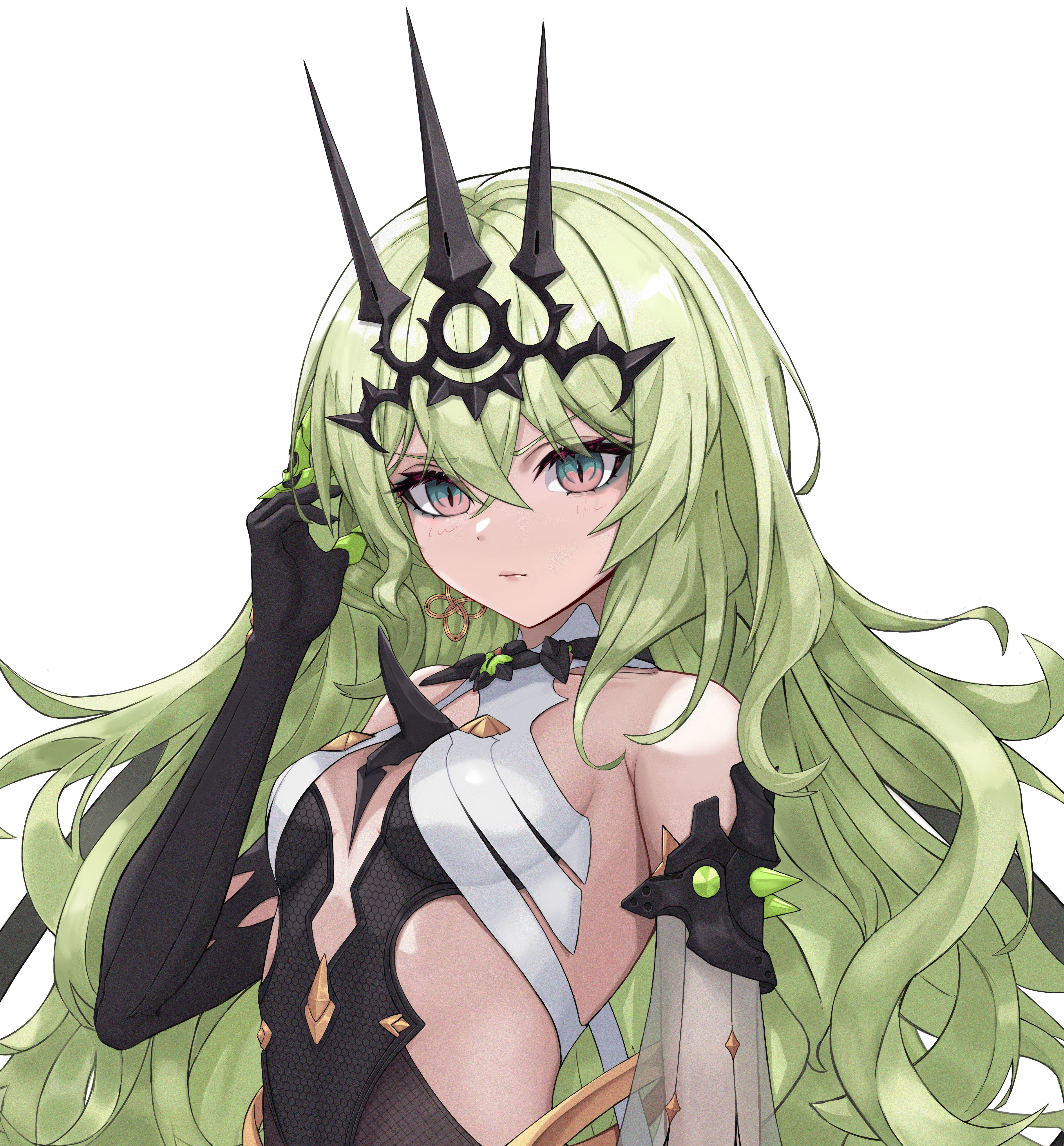 kabuto tong, mobius (honkai impact), honkai (series), honkai impact 3rd, absurdres, highres, 1girl, black dress, black gloves, breasts, claw ring, crown, dress, earrings, gloves, green eyes, green hair, jewelry, long hair, looking at viewer, medium breasts, simple background, single earring, single sleeve, slit pupils, solo, upper body, wavy hair, white background, white sleeves