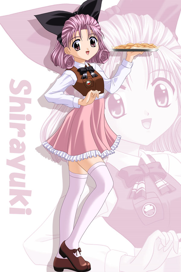 masakichi (crossroad), shirayuki (sister princess), sister princess, 00s, 1girl, character name, cookie, dress, female focus, food, full body, looking at viewer, open mouth, pink eyes, pink hair, shoes, skirt, solo, standing, thighhighs, tray, vest, waitress, zettai ryouiki, zoom layer