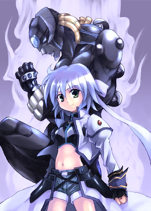 kouno hikaru, revolver knuckle, subaru nakajima, jojo no kimyou na bouken, lyrical nanoha, mahou shoujo lyrical nanoha, mahou shoujo lyrical nanoha strikers, bad id, bad pixiv id, 1girl, blue hair, crop top, female focus, gloves, green eyes, jacket, parody, shorts, solo, stand (jojo)