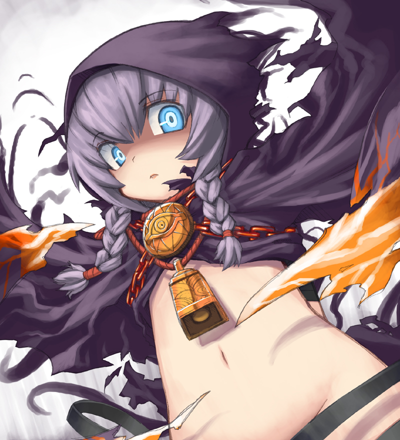 jingai modoki, masaki, curse maker, curse maker 2, atlus, etrian odyssey, bad id, bad pixiv id, 1girl, bell, blue eyes, braid, crazy eyes, female focus, hood, midriff, no panties, purple hair, solo, twin braids